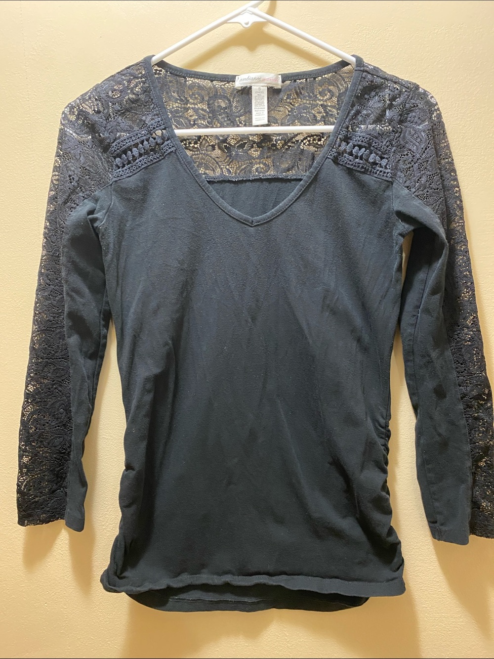 Lace-Trim V-Neck Long Sleeve Maternity Top - Black-Small Trendy